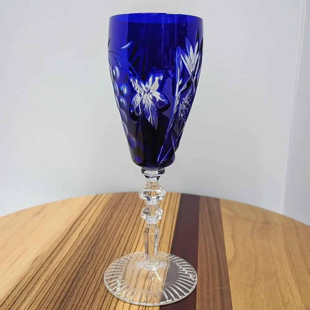 Bohemian Cut To Clear Crystal Wine Hock Cobalt Blue Etched